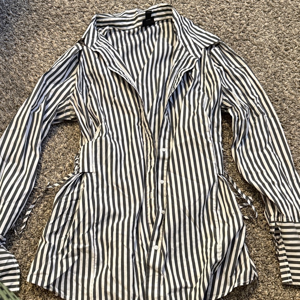 Worthington Black and White Striped Button-Front Blouse
